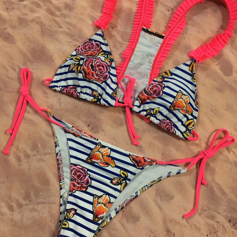 BGTEEVER Lace Bikini Floral Print Swimsuit Sexy Women Tie Up Swimwear Colorblock 2 Piece Swimming Suit 2018 Summer String |