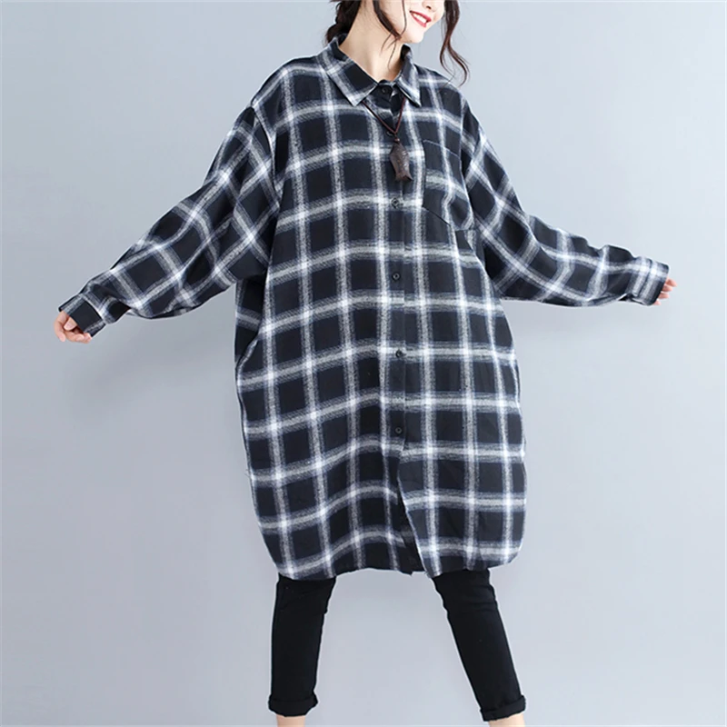 

Large Size Plaid Shirt Female 2019 Spring And Summer Fashion New Loose Plaid Long Section POLO Collar Long Sleeve Shirt H00104