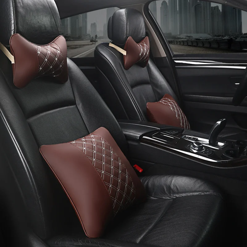 

KKYSYELVA Leather Car Headrest Pillow Neck Pillows Lumbar Support for Office Chair Waist Back Support Car Styling
