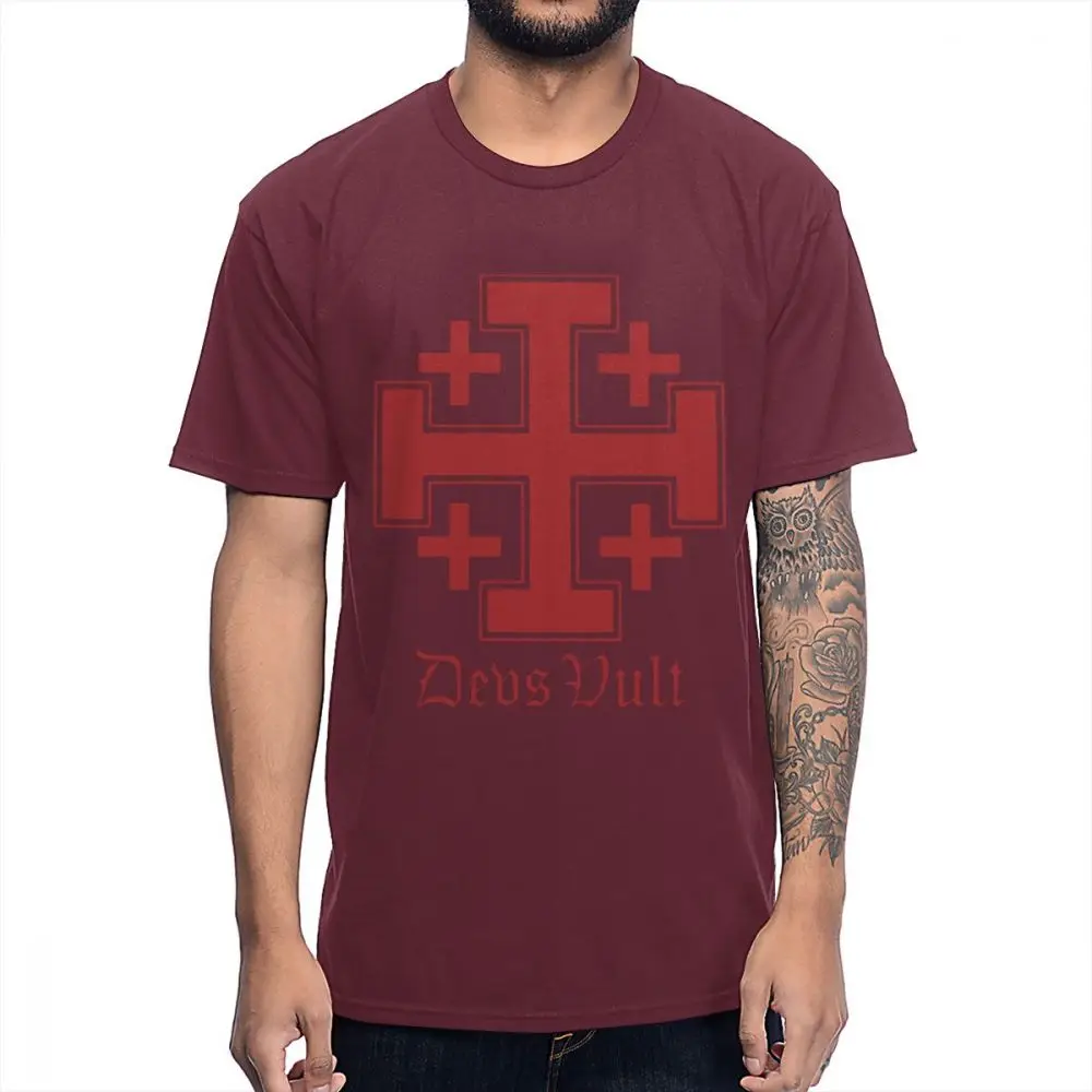Коричневый Винтажная Футболка Deus Vult Cross Crusades, Мужская Классическая футболка Knightfall Knights Тамплиер, Мужская футболка большого размера - Цвет: Коричневый
