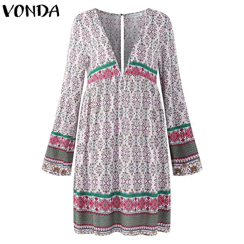 Pink Green VONDA осень весна женское винтажное мини-платье с принтом женское сексуальное платье с v-образным вырезом и длинным рукавом повседневное пляжное ТРАПЕЦИЕВИДНОЕ ПЛАТЬЕ - Цвет: Pink Green