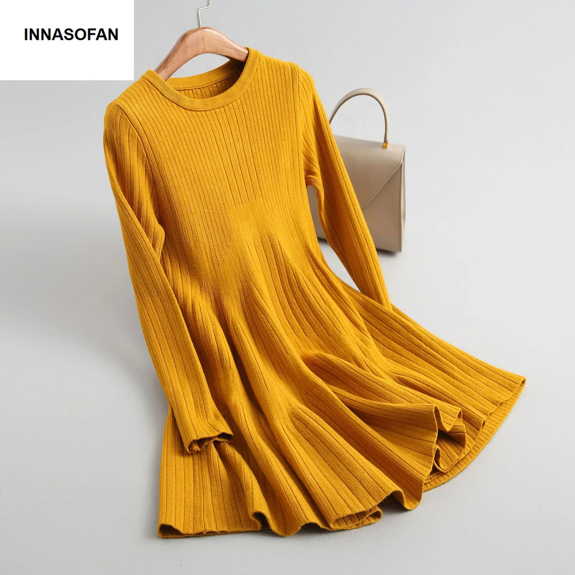 INNASOFAN dressWomen's Autumn-winter knitted mini-dress Euro-American fashion long sweater with flounces and sleeves | Женская