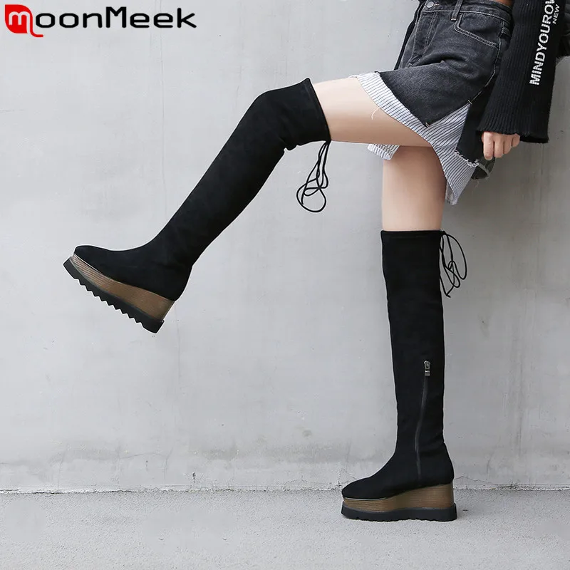 

MoonMeek big size 34-43 new autumn winter boots square toe suede leather boots zip platform wedges shoes over the knee boots