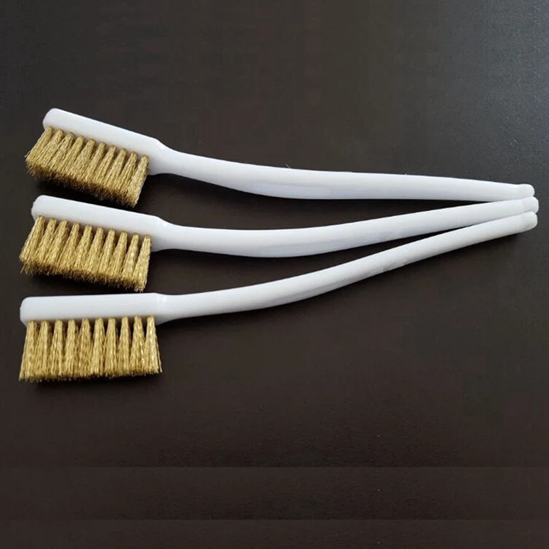 Promotion! 3 Pcs 6.9" Length White Plastic Handle Brass Bristle Wire Brush