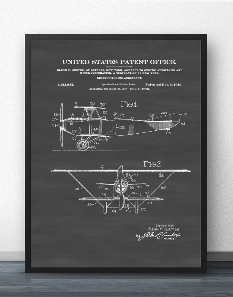 Разведывающий бисамолет Curtiss 1919 патентный план настенное искусство краска Декор