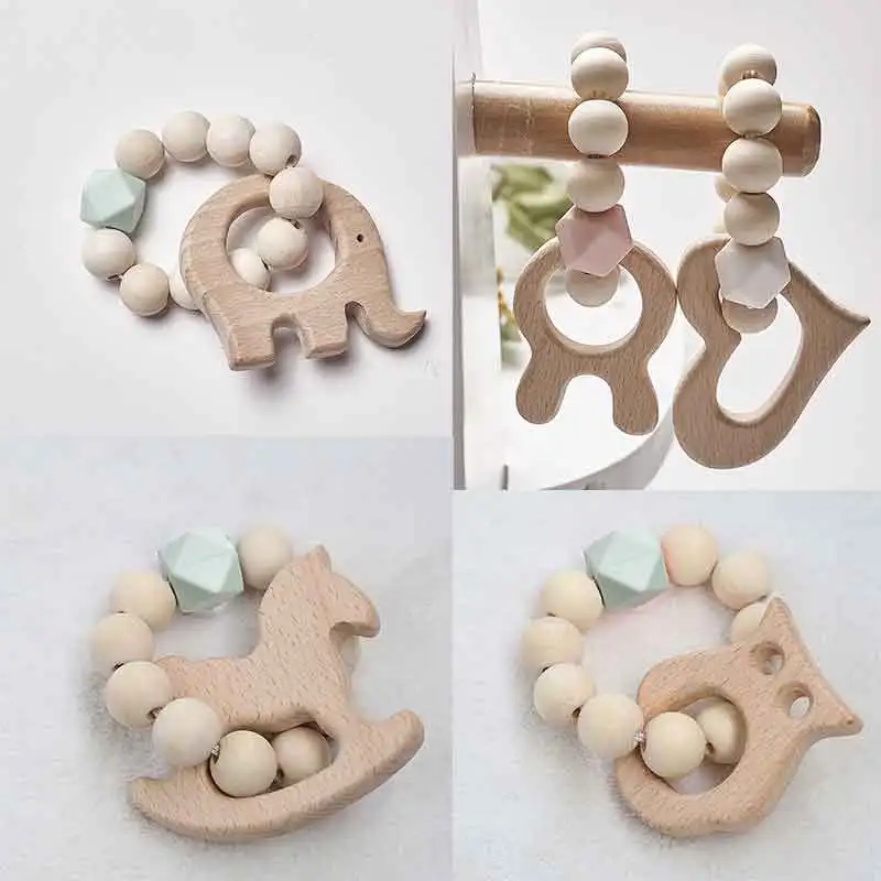 Anillo mordedor de madera para beb&eacute;, pulsera con forma de Animal, joyer&iacute;a para dentici&oacute;n para beb&eacute;, cuentas de madera, sonajero para beb&eacute;, accesorios para cochecito-0