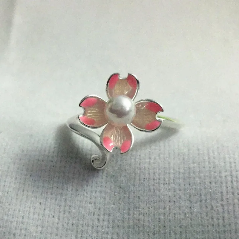 Кольцо ручной работы из стерлингового серебра 925 пробы с розовой эмалью и белым