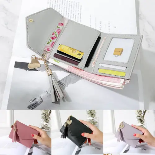 Женский короткий кошелек с кисточками и джокером для денег однотонный кожаный