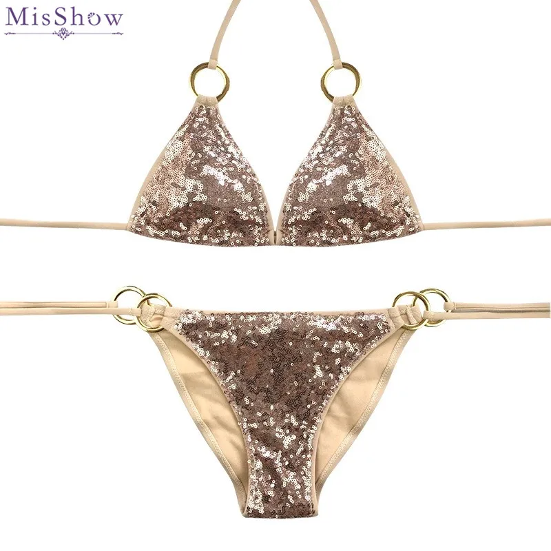 MisShow 2019 сексуальный шикарный бикини блестки Набор Купальники для женщин с низкой