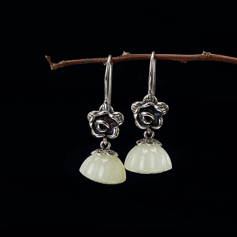Серьги Brinco женские из чистого нефрита инкрустация лотоса S925 юбилей