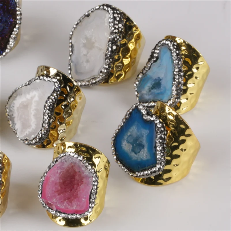 big gold polished rose hot pink geode crystal stone slice pave rhinestone bead charm open hammered ring cuff for woman man | Украшения и