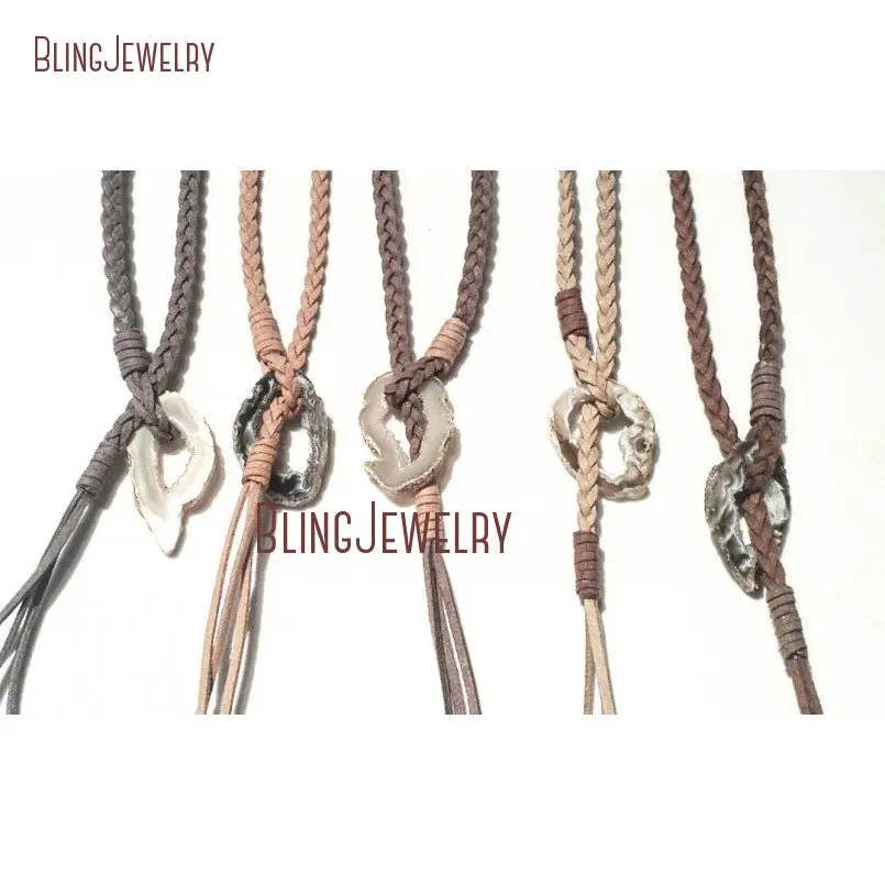 Pingente de Colar em Camadas Elegância Orgânica Colar Druzy Geode Bohemian Praia Jóias Couro Trançado Lariat Nm20763