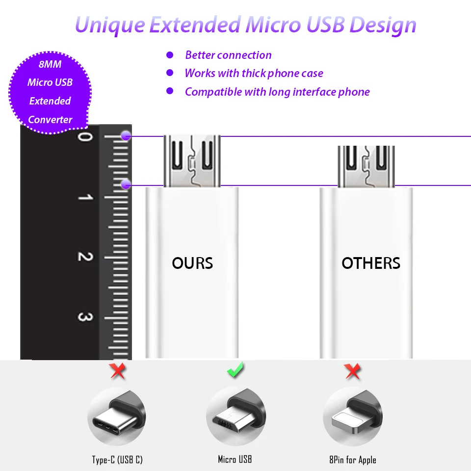 Переходник с USB Type C на Micro длинный преобразователь 8 мм соединитель зарядного