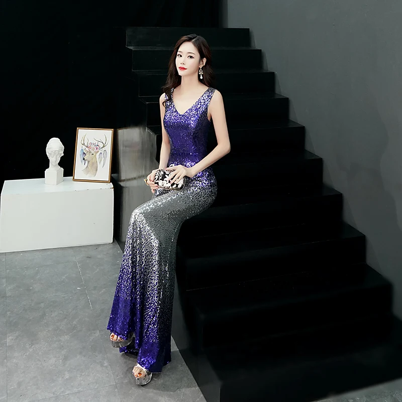 2019 INS популярное вечернее платье длиной до пола с блестками и v-образным вырезом