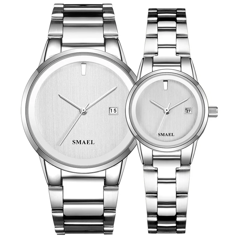 Silver SMAEL, часы, предложение, набор, пара, роскошные, классические, нержавеющая сталь, часы, великолепные, Гент леди, 9004, водонепроницаемые, модные часы, набор - Цвет: Silver