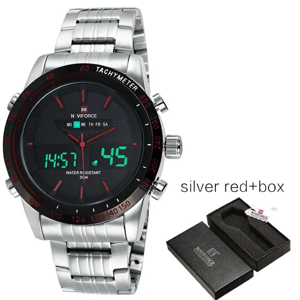 silverredbox NAVIFORCE Брендовые мужские s 30 м водонепроницаемые спортивные часы, мужские Аналоговые Цифровые светодиодный часы из нержавеющей стали, часы с двойным временем, мужские часы - Цвет: silverredbox