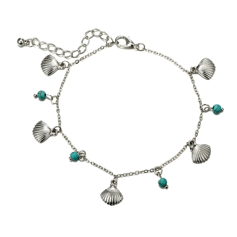 Women's Silver Anklet Shell Feet Blue Beads Summer Beach Barefoot Bracelet Ankle Adjustable Bohemian Accessories | Украшения и