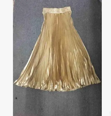 Gold U-SWEAR Для женщин; сезон лето-осень; новые атласные длинная юбка Тюль металлические Цвет юбка миди юбки Высокая Талия металлик длинная Плиссированная юбка - Цвет: Gold