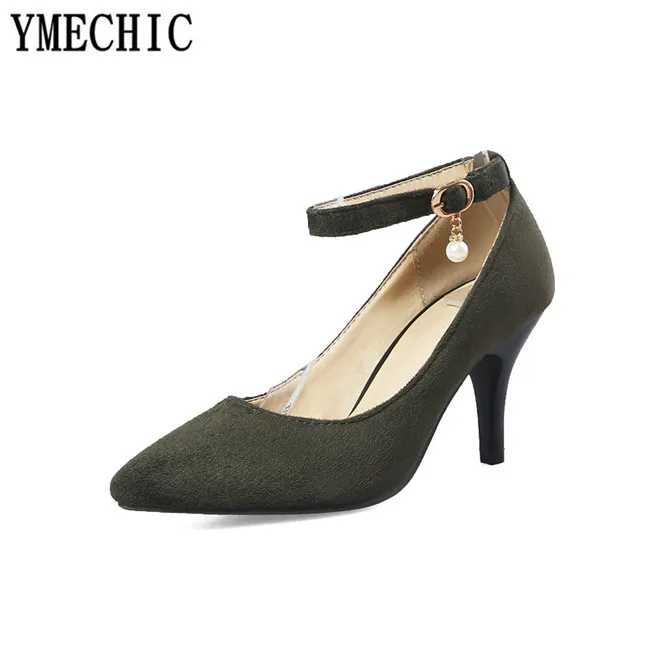 YMECHIC/; летние женские офисные модельные туфли Mary Jane; туфли-лодочки из флока на низком каблуке с ремешком на щиколотке; цвет черный, армейский, зеленый; женская обувь
