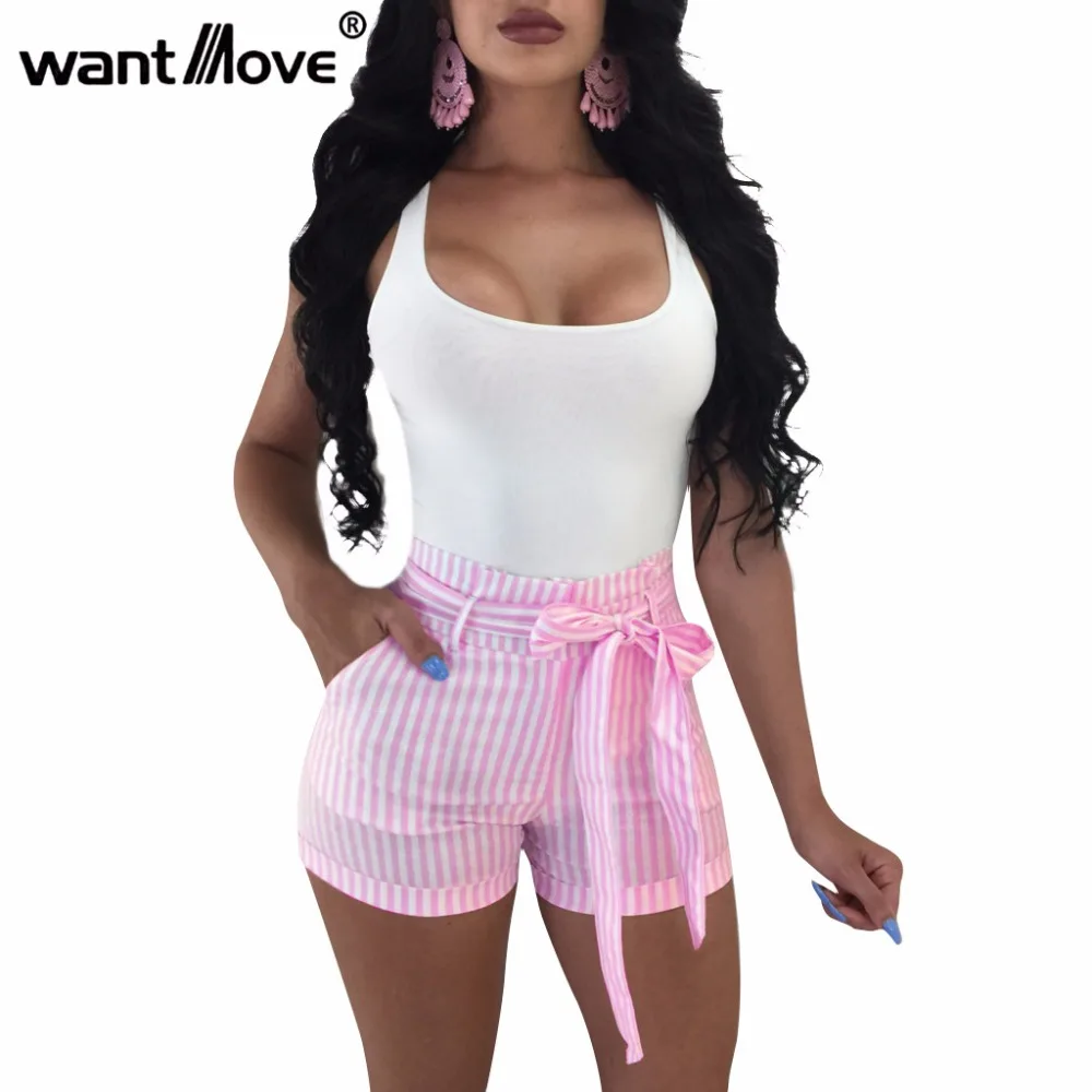 Wantmove 2018 летние модные сексуальные женские шорты с высокой талией полосатые повседневные галстуком бабочкой