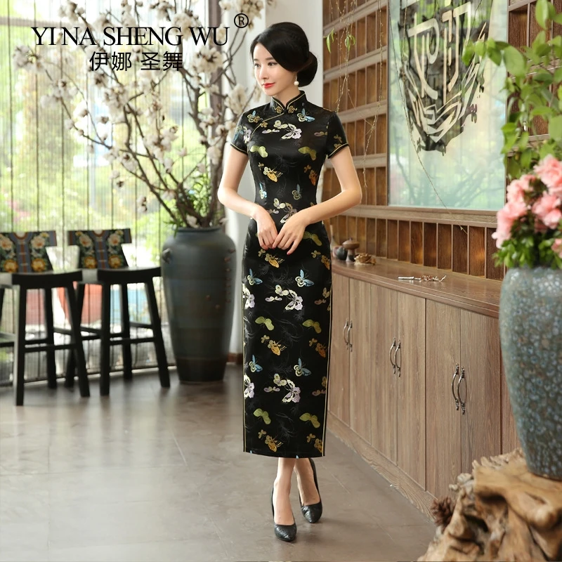 

Long Chinese Wedding Dress Cheongsam Summer New Woman Print Sexy Cheongsam Elegant Slim Short-Sleeved Kimono Retro Cheongsam 1pc