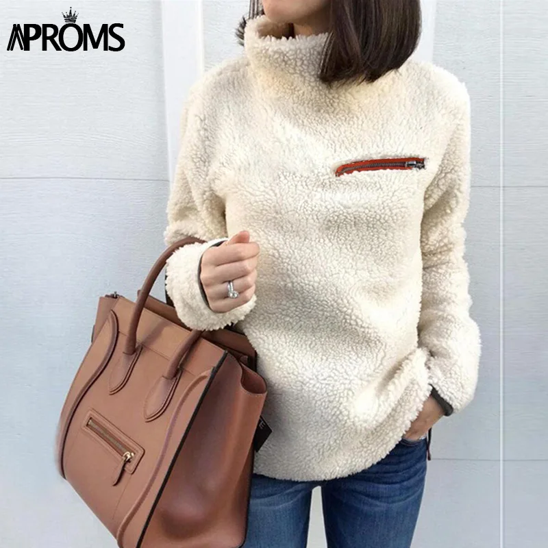 Aproms Soft Teddy Turtleneck Hoodies Women Casual Solid Zipper Sweatshirt Pullover Cool Girls Streetwear Warm Tracksuits Jumper