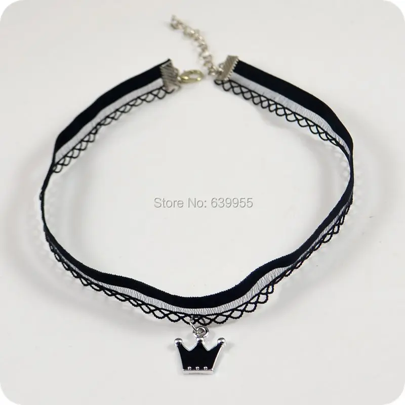 Фото Новый элегантный кружевной чокер ожерелье с черной короной кулоном женские