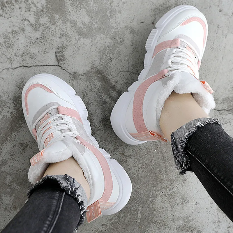 

Fashion White Sneakers Women Warm Fur High Top Sneakers Women Casual Pink Shoes Platforms Womens Winter Sneakers Platform 2019