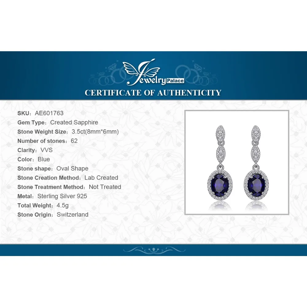 Jewelrypalace Овальный 4ct создания Сапфир Висячие серьги 925 серебро Красивые ювелирные
