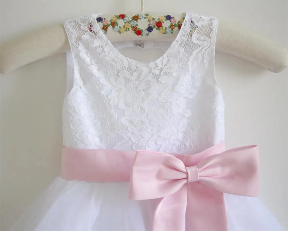 White Lace Flower Girl Dress Pink Baby Girls Tulle Dresses With Sash/Bows Sleeveless | Свадьбы и торжества