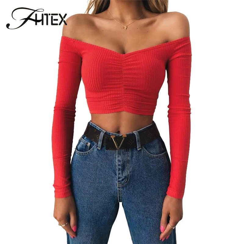 Женский укороченный топ FHTEX повседневный облегающий пуловер с v образным вырезом