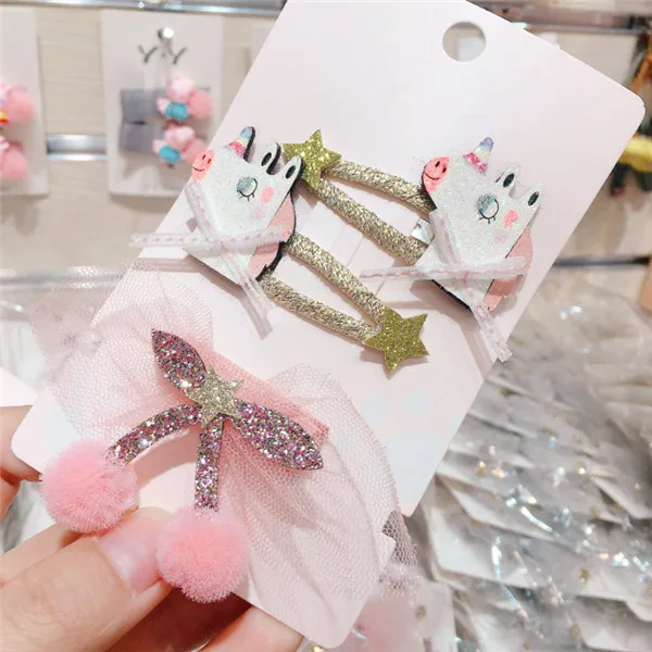 unicorn set 4 компл./лот заколки для девочек с единорогом, кроликом и кошкой заколки для девочек заколки-клипсы для волос с милым вишневым бантом заколка аксессуары для волос - Цвет: unicorn set