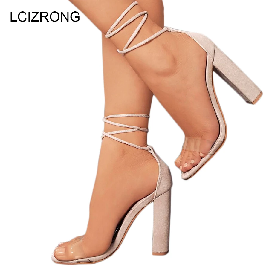 

LCIZRONG летние женские сандалии из флока на высоком каблуке Большие размеры прозрачные сексуальные туфли рома женские сандалии на низком кабл...