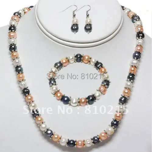 

Charming!New AA 7-8MM Pearl Jewelry Set MultiColor Genuine Freshwater Pearl Round Shaper Necklace Bracelet Earring Jewelry set