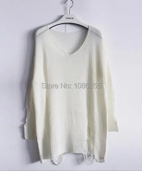 2015 женский свободный свитер с отверстиями асимметричный подол Свободный вязаный