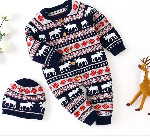 Синий Christmas Baby Romper Deer Knitted Baby Clothes Newborn Baby Boy Girl Clothes Costume Cotton Infant Baby Jumpsuit With Hat - Цвет: Синий