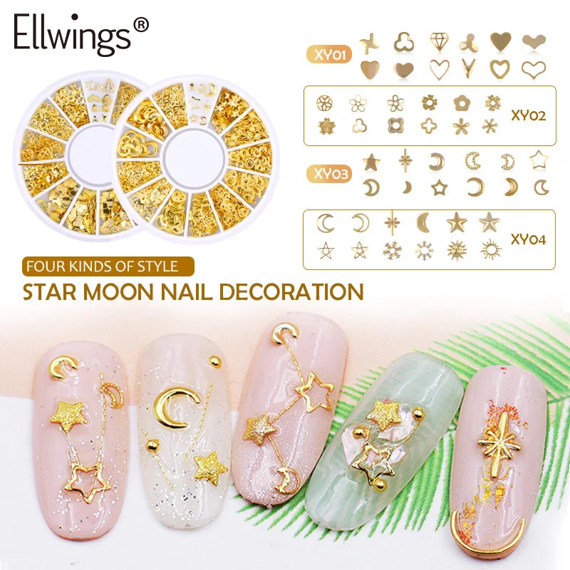 Ellwings 3D золотой цветок Звезда Луна Дизайн заклепки ногтей Блеск Стразы Nail Книги по