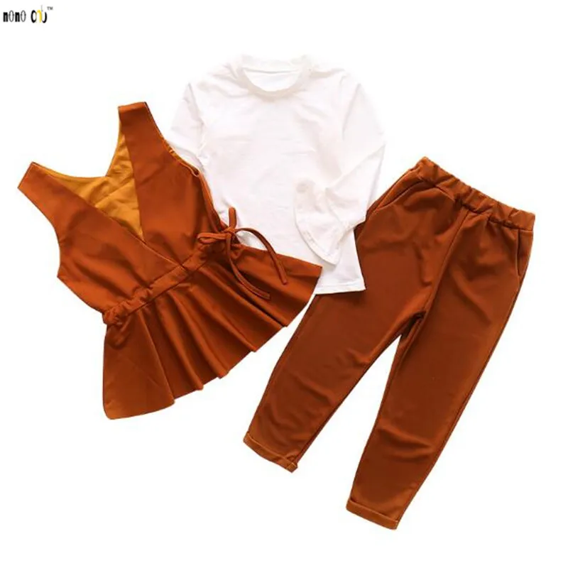 Модная детская одежда комплект осенняя для девочек 3 шт. футболка и жилет штаны