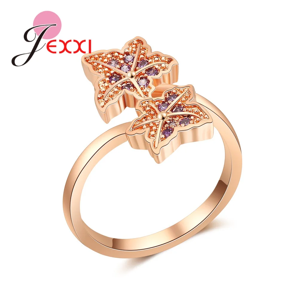 

Fashion Rose Gold Color Maple leaf Shaped Women Rings Filled Classical Cubic Zirconia Wedding Engagement Bridal Bague
