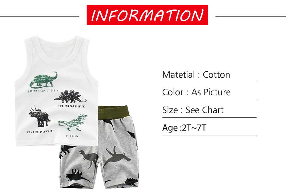 BINIDUCKLING Fashion Summer Baby Children Boy Clothes Set Sleeveless Vest+Shorts Dinosaur Cartoon Toddler Kids Clothing Set