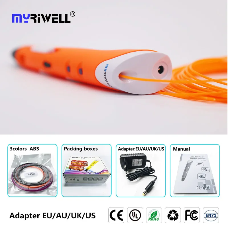 only orange pen Myriwell magic 3d Pen3 d ручка для принтера и 50 м красивый цвет PLA нити подарок на день рождения ребенка/Рождественский подарок+ 10 узор - Цвет: only orange pen