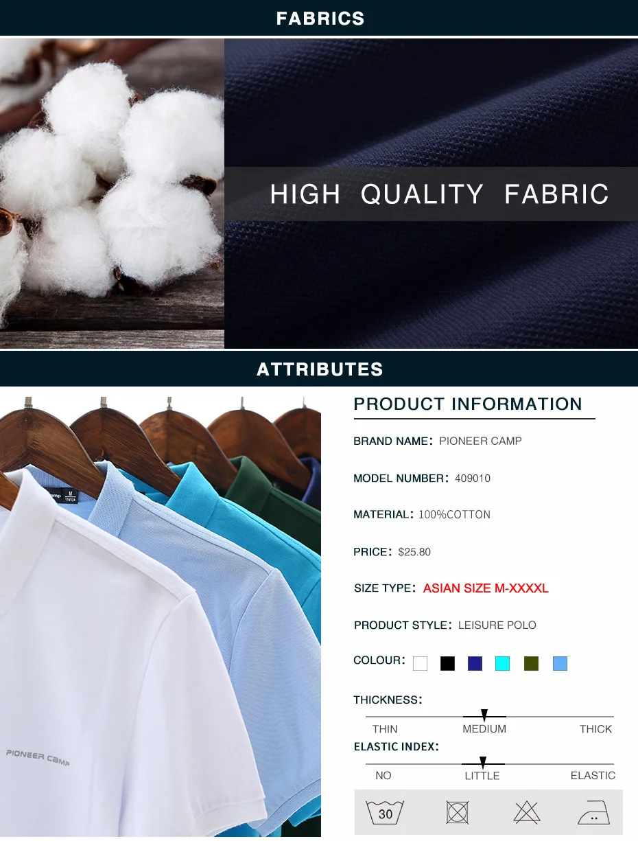 Pioneer Camp solid Color Breathable Classic Men's Polo Shirt Brand Clothing Men's Short-sleeved Recreational Polo Shirt 409010