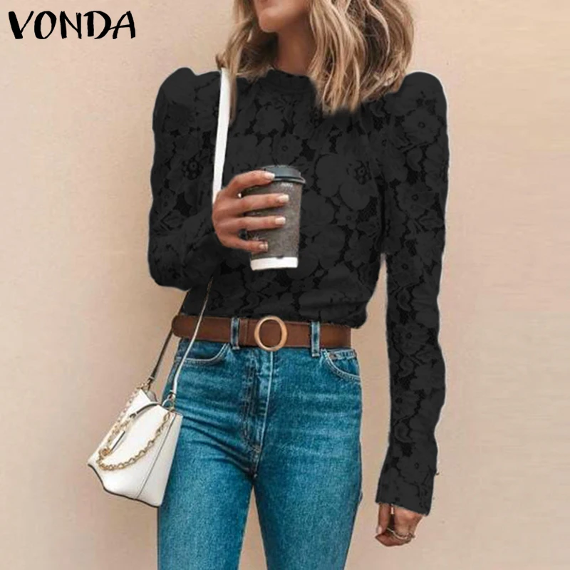 VONDA, белая кружевная блузка, женская рубашка, весна-осень, длинный рукав, Круглый ворот, открытая, повседневная, для девушек, кружевные топы, Blusas Feminina 5XL