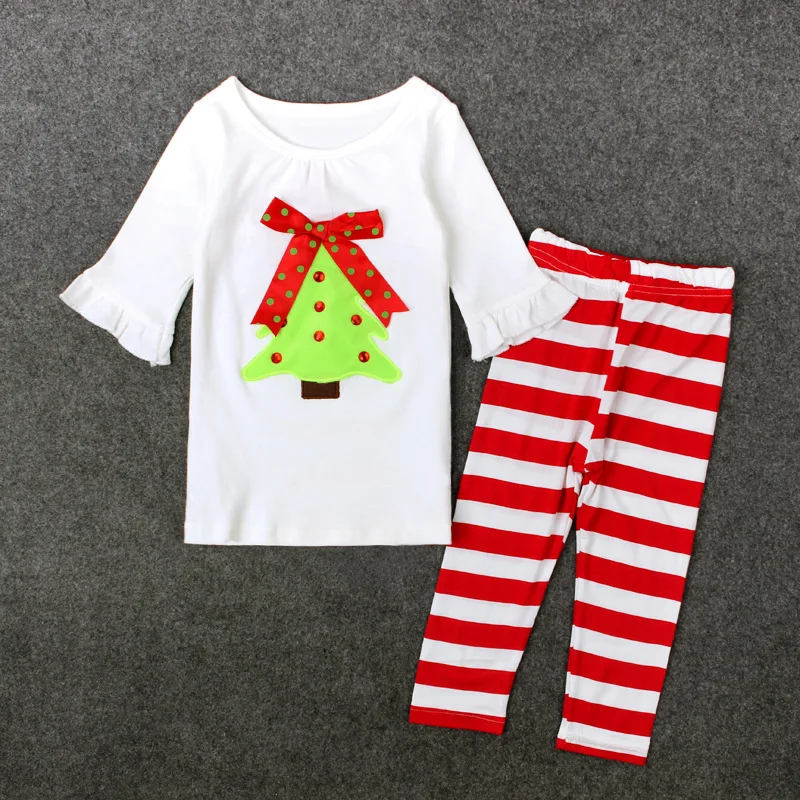 Y01-X086 Children kid's Girl Clothing long sleeve Infantis spring autuman Christmas Suit green tree red striped pants 2pcs/set | Детская