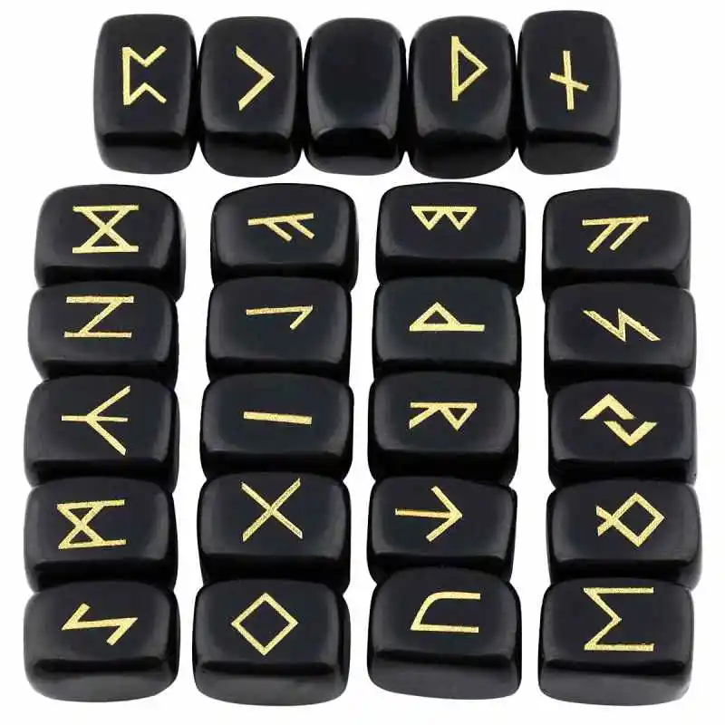 Black Obsidian TUMBEELLUWA 25 шт./компл. Руна камни гравировкой Старший ФУТАРК рунические алфавиты Wicca, с украшением в виде кристаллов Исцеление Рейки - Цвет: Black Obsidian
