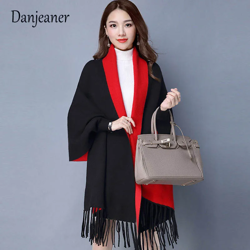 Danjeaner осень шерсть длинный кардиган Для женщин Batwing Кабо Пончо вязать Топ-свитер пальто Толстые Зимняя одежда трикотаж джемперы - Цвет: black red