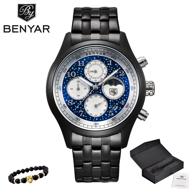 5122-G blue white BENYAR Бизнес Мужские часы Moon Phase кожа кварцевые часы с хронографом спортивные военные водонепроницаемые мужские наручные часы - Цвет: 5122-G blue white