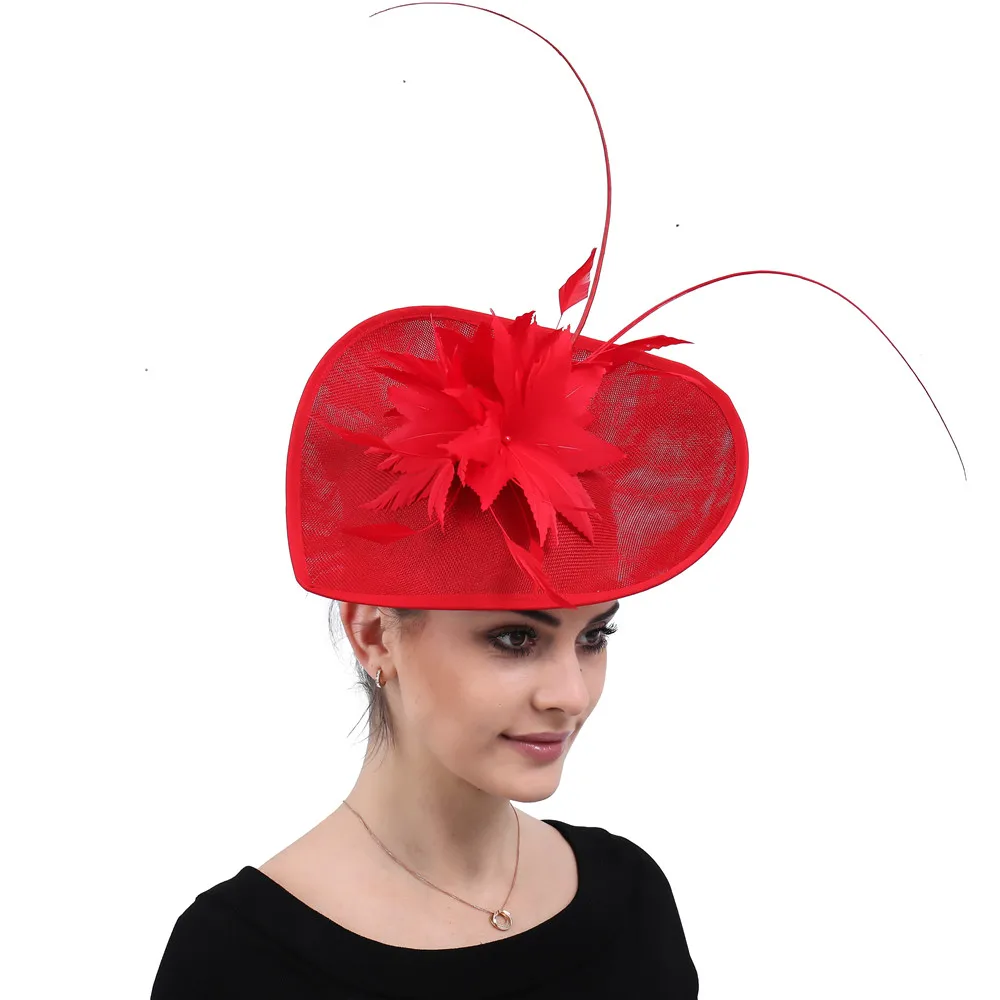 

Church Red Fascinators Hats Big Derby Women Wedding Headwear Feathers Hair Accessories Bridal Ladies Elegant Race Headpiece