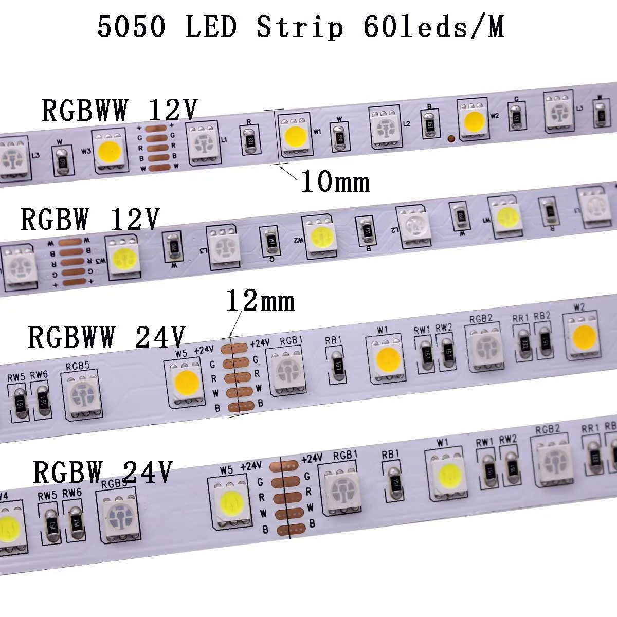 5050 60LEDs RGBW Светодиодные ленты 5 м 2835 5730 5050 5054 RGB CCT RGBCCT RGBW/RGBWW теплый белый 60/120/240/480 светодиодный 4in1 12V 24V ленты светильник полосы Гибкие - Испускаемый цвет: 5050 60LEDs RGBW