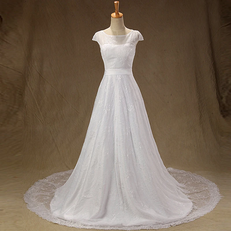 

Exquisite Wedding Dresses with Bow and Button A Line Wedding Dress with Sash Chapel Train A Line Elegant Real Photos (SL-W313)